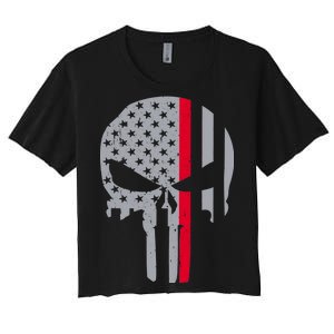 Thin Red Line Skull USA Firefighter Flag Women's Crop Top Tee