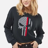 Thin Red Line Skull USA Firefighter Flag Cropped Pullover Crew
