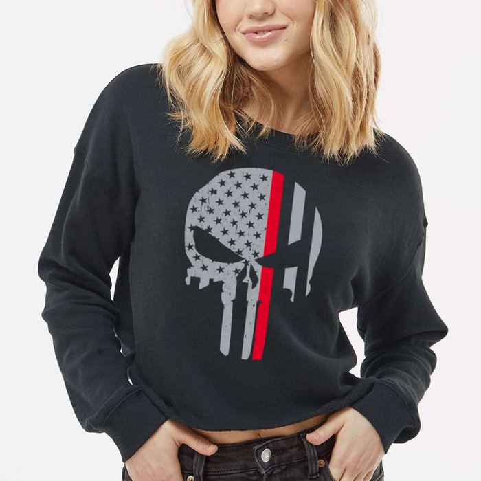 Thin Red Line Skull USA Firefighter Flag Cropped Pullover Crew
