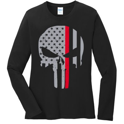 Thin Red Line Skull USA Firefighter Flag Ladies Long Sleeve Shirt