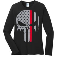 Thin Red Line Skull USA Firefighter Flag Ladies Long Sleeve Shirt