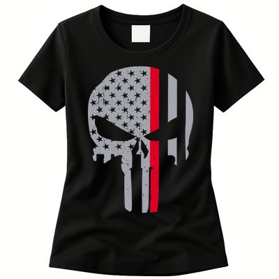 Thin Red Line Skull USA Firefighter Flag Womens T-Shirt