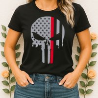 Thin Red Line Skull USA Firefighter Flag Womens T-Shirt