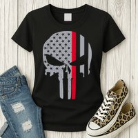 Thin Red Line Skull USA Firefighter Flag Womens T-Shirt