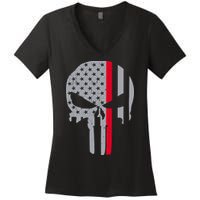 Thin Red Line Skull USA Firefighter Flag Women's V-Neck T-Shirt