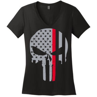 Thin Red Line Skull USA Firefighter Flag Women's V-Neck T-Shirt