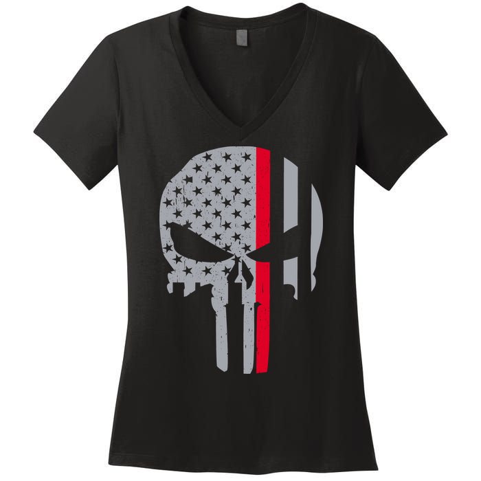 Thin Red Line Skull USA Firefighter Flag Women's V-Neck T-Shirt