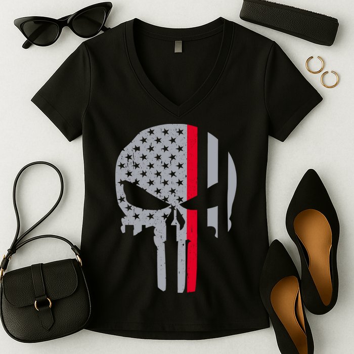 Thin Red Line Skull USA Firefighter Flag Women's V-Neck T-Shirt