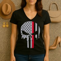 Thin Red Line Skull USA Firefighter Flag Women's V-Neck T-Shirt