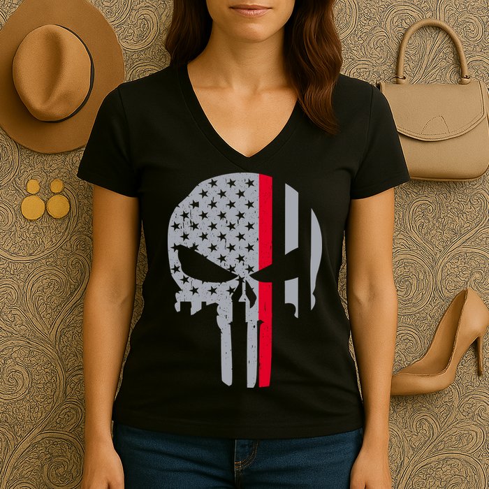 Thin Red Line Skull USA Firefighter Flag Women's V-Neck T-Shirt