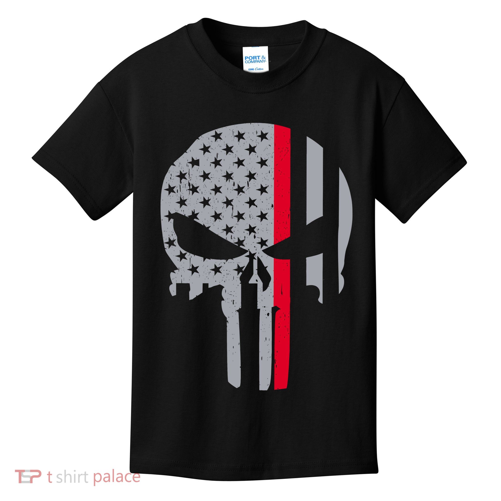 Thin Red Line Skull USA Firefighter Flag Kids T-Shirt
