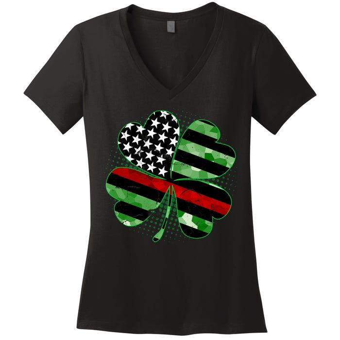 Thin Red Line St Patrick's Day Irish Clover Women's V-Neck T-Shirt