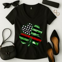 Thin Red Line St Patrick's Day Irish Clover Women's V-Neck T-Shirt