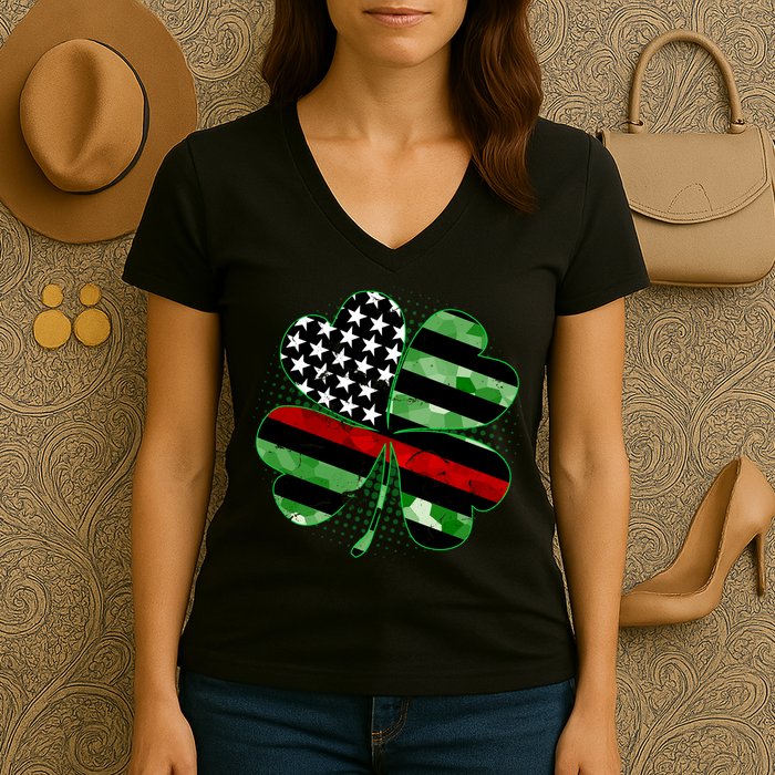 Thin Red Line St Patrick's Day Irish Clover Women's V-Neck T-Shirt