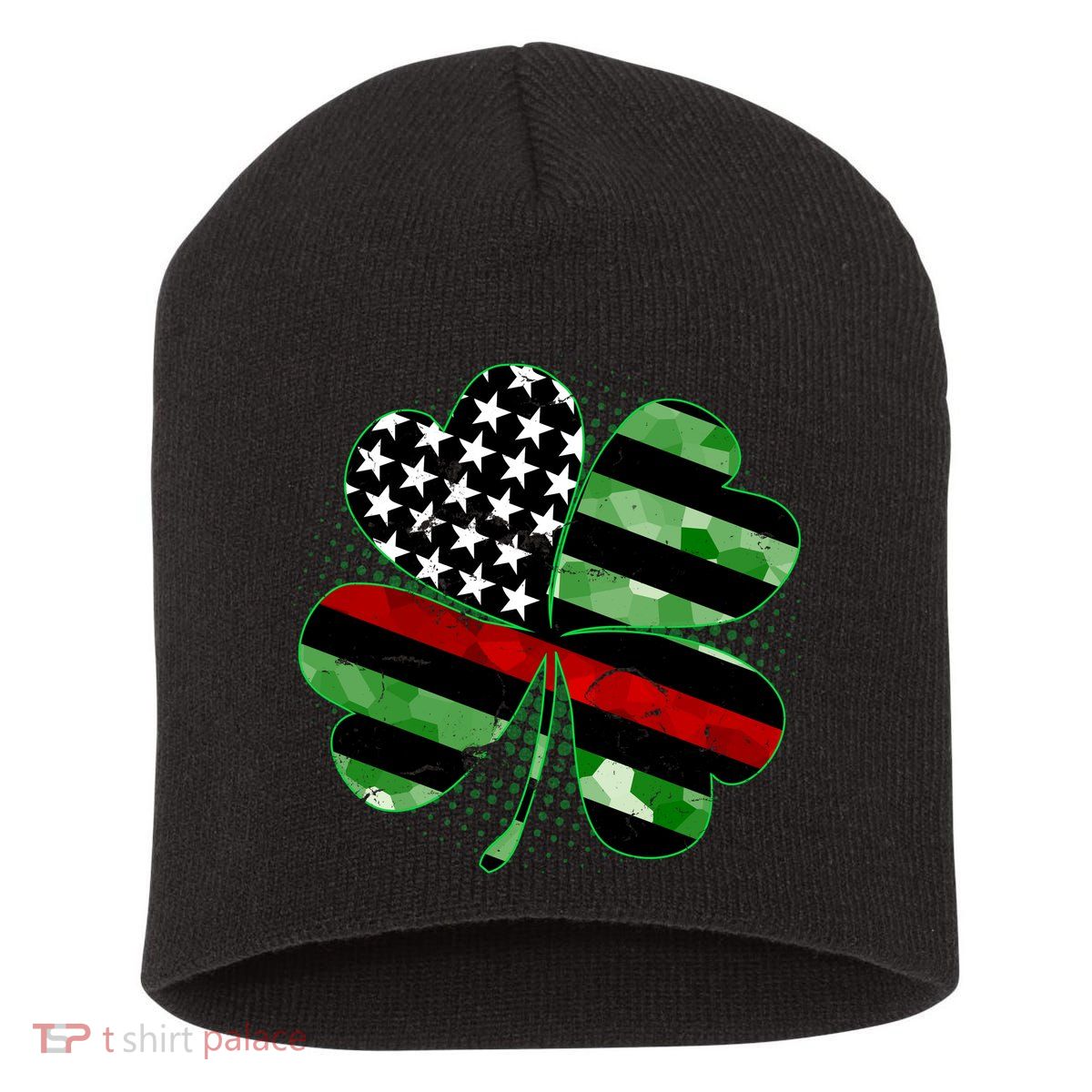 Thin Red Line St Patrick's Day Irish Clover Short Acrylic Beanie