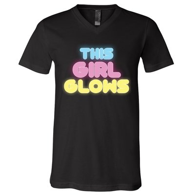 This Girl Glows Retro Neon Party V-Neck T-Shirt