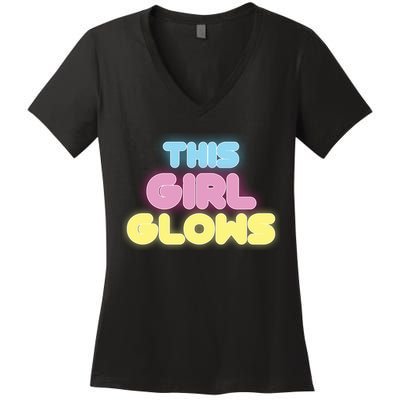 This Girl Glows Retro Neon Party Women's V-Neck T-Shirt