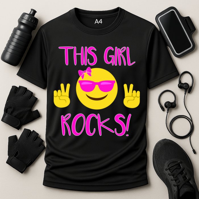 This Girl Rocks Funny Emoji Cooling Performance Crew T-Shirt