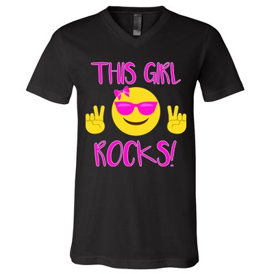 This Girl Rocks Funny Emoji V-Neck T-Shirt