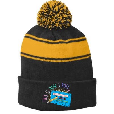 This is How I Roll Cassette Tape Retro 80s Stripe Pom Pom Beanie