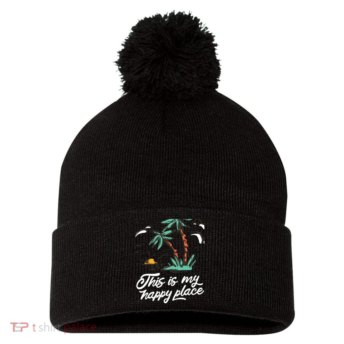 This Is My Happy Place Summer Life Pom Pom 12in Knit Beanie