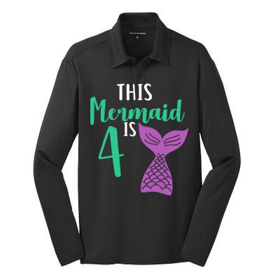 This Mermaid Is 4 Years Old Birthday Silk Touch Performance Long Sleeve Polo