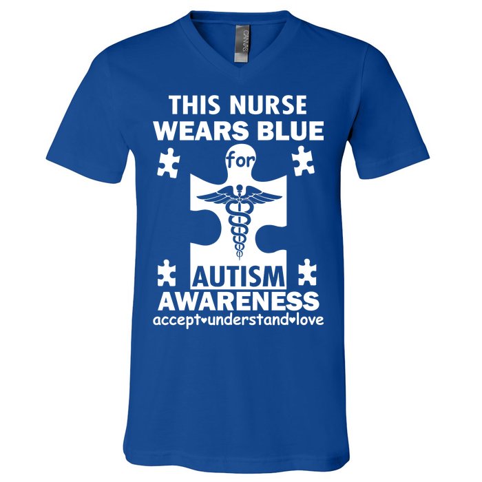 This Nurse Wears Blue For Autism Awareness V-Neck T-Shirt