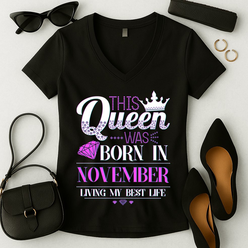 This Queen Was Born In November Living My Best Life Women's V-Neck T-Shirt