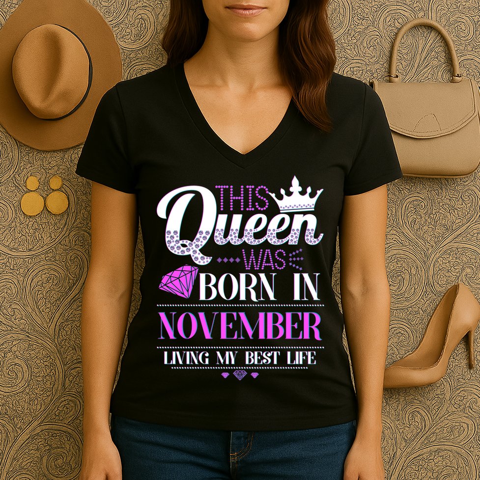 This Queen Was Born In November Living My Best Life Women's V-Neck T-Shirt