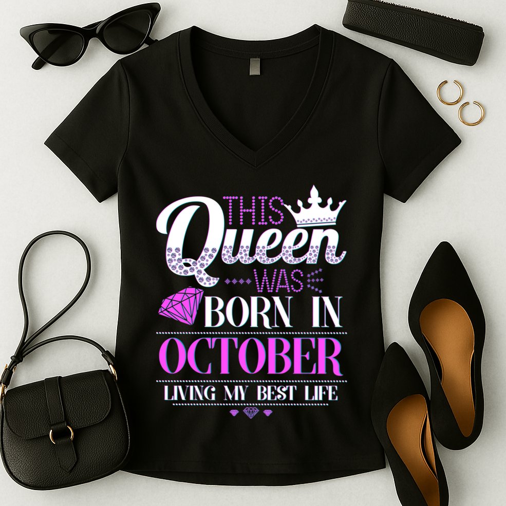 This Queen Was Born In October Living My Best Life Women's V-Neck T-Shirt