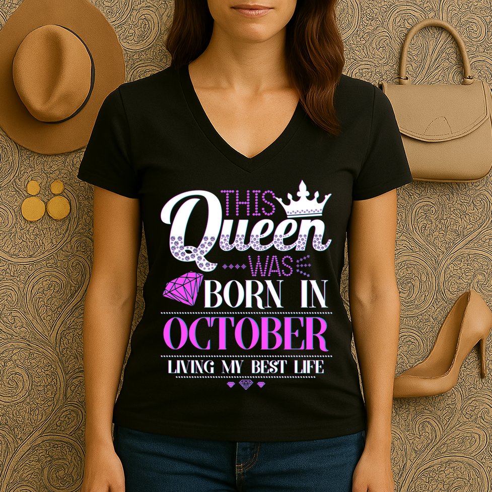 This Queen Was Born In October Living My Best Life Women's V-Neck T-Shirt