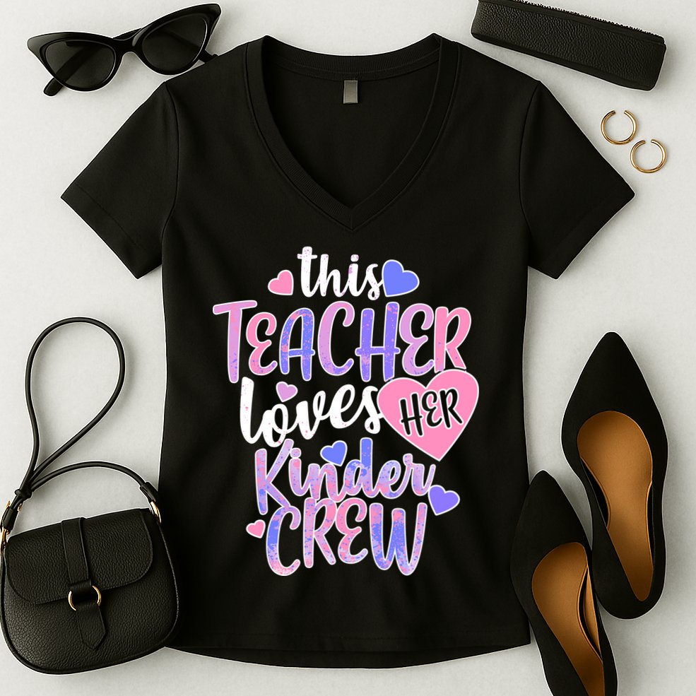 This Teacher Loves Her Kinder Crew Women's V-Neck T-Shirt