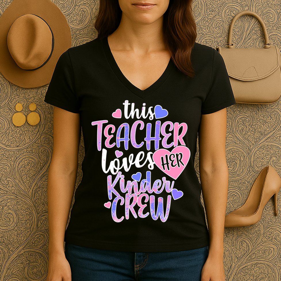 This Teacher Loves Her Kinder Crew Women's V-Neck T-Shirt