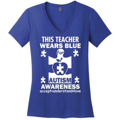 This Teacher Wears Blue Autism Awareness Women's V-Neck T-Shirt