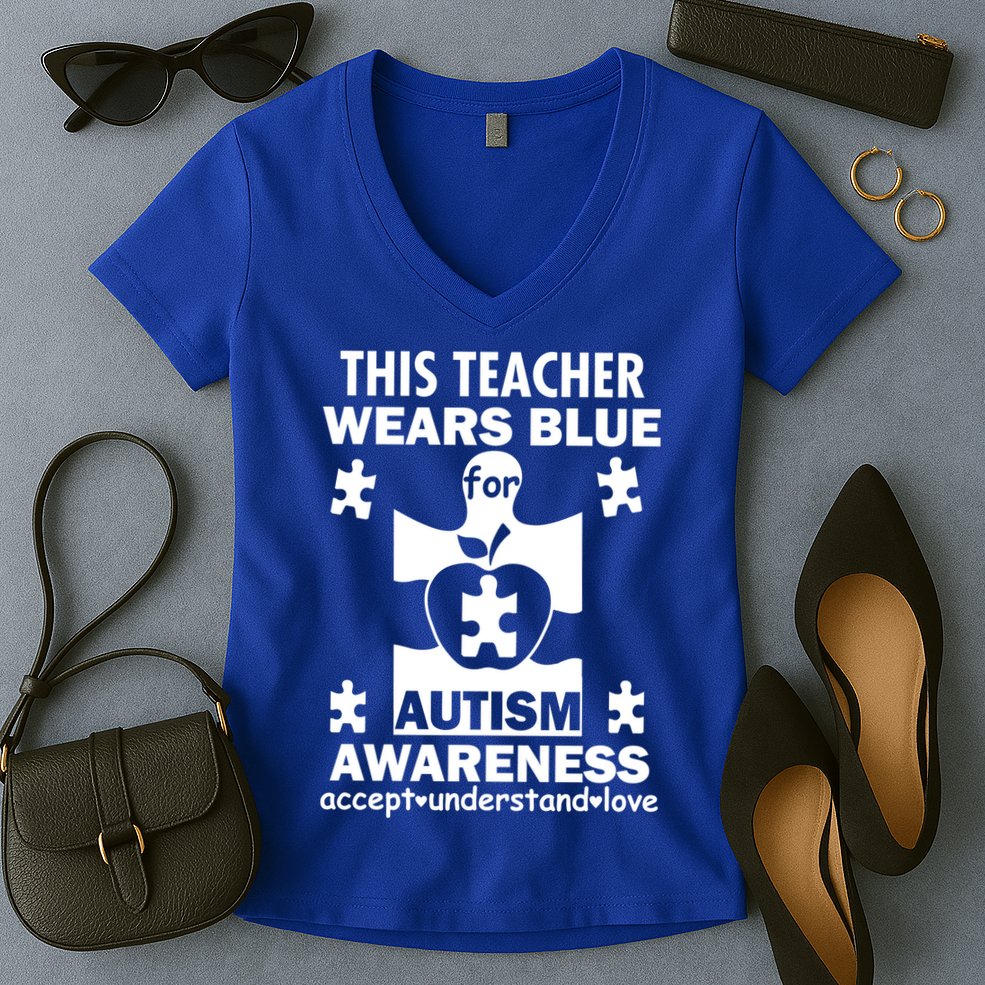 This Teacher Wears Blue Autism Awareness Women's V-Neck T-Shirt