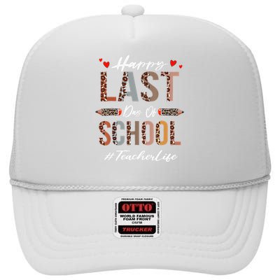 Teacher Happy Last Day Of School Summer Funny Leopard High Crown Mesh Back Trucker Hat