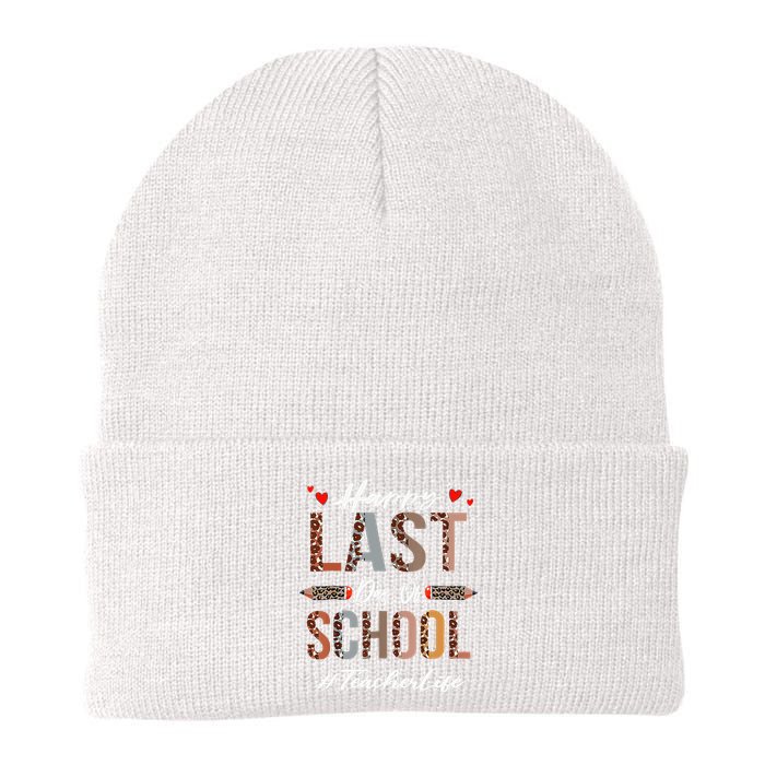 Teacher Happy Last Day Of School Summer Funny Leopard Knit Cap Winter Beanie