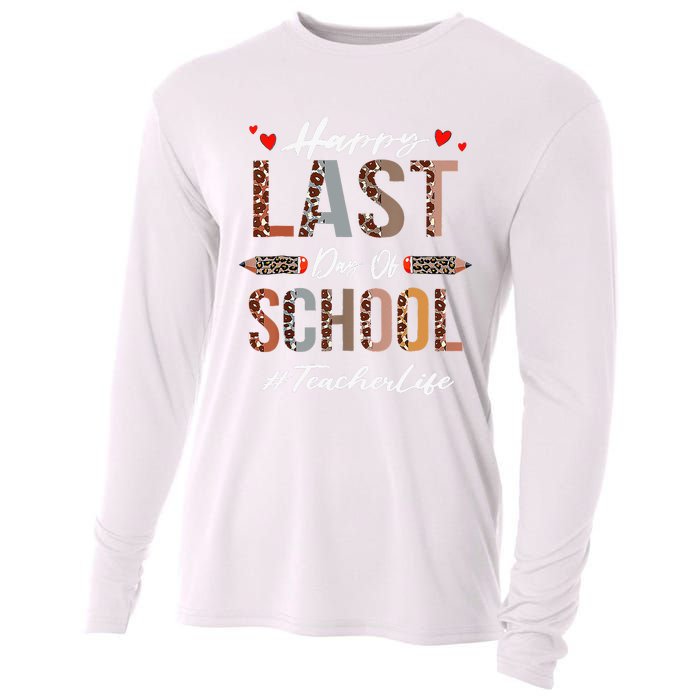 Teacher Happy Last Day Of School Summer Funny Leopard Cooling Performance Long Sleeve Crew