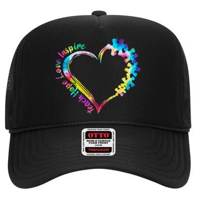 Teach Hope Love Inspire Tie Dye Autism Awareness Teacher High Crown Mesh Back Trucker Hat