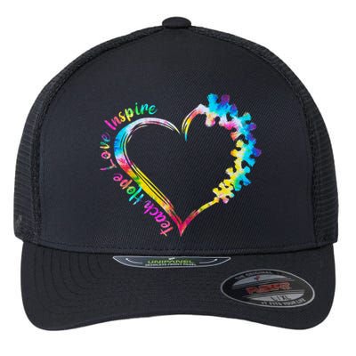 Teach Hope Love Inspire Tie Dye Autism Awareness Teacher Flexfit Unipanel Trucker Cap