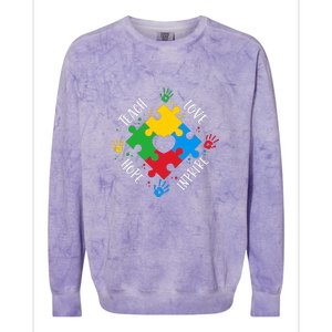 Teach Hope Love Inspire Puzzle Autism Awareness Mother's Day Colorblast Crewneck Sweatshirt