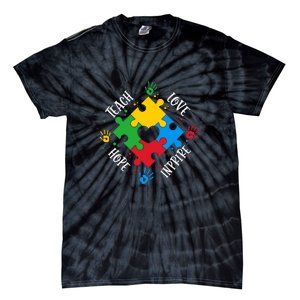 Teach Hope Love Inspire Puzzle Autism Awareness Mother's Day Tie-Dye T-Shirt