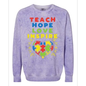 Teach Hope Love Inspire Heart Teacher Autism Awareness Sped Colorblast Crewneck Sweatshirt