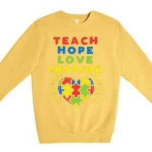 Teach Hope Love Inspire Heart Teacher Autism Awareness Sped Premium Crewneck Sweatshirt