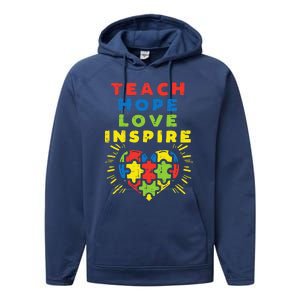 Teach Hope Love Inspire Heart Teacher Autism Awareness Sped Performance Fleece Hoodie