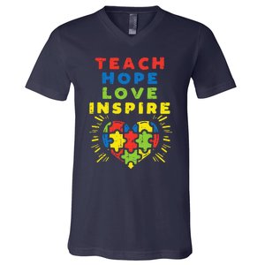 Teach Hope Love Inspire Heart Teacher Autism Awareness Sped V-Neck T-Shirt