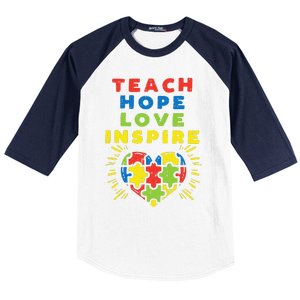 Teach Hope Love Inspire Heart Teacher Autism Awareness Sped Baseball Sleeve Shirt