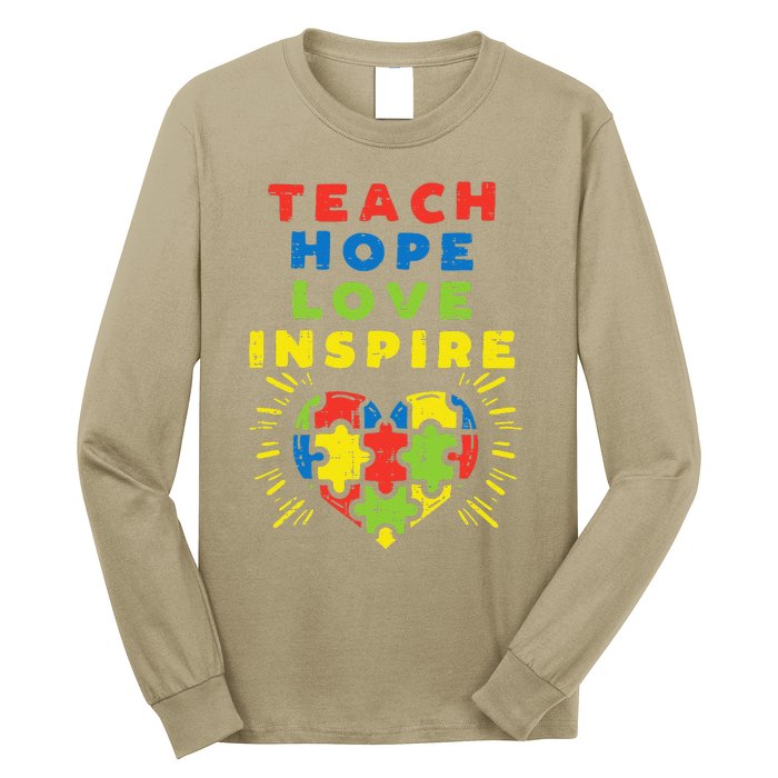 Teach Hope Love Inspire Heart Teacher Autism Awareness Sped Long Sleeve Shirt