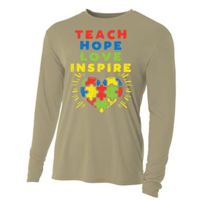 Teach Hope Love Inspire Heart Teacher Autism Awareness Sped Cooling Performance Long Sleeve Crew