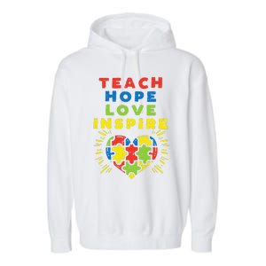 Teach Hope Love Inspire Heart Teacher Autism Awareness Sped Garment-Dyed Fleece Hoodie